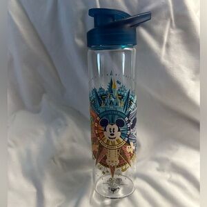 Disney World glass Mickey Travel Bottle with Blue Lid and Multicolor Castle Art